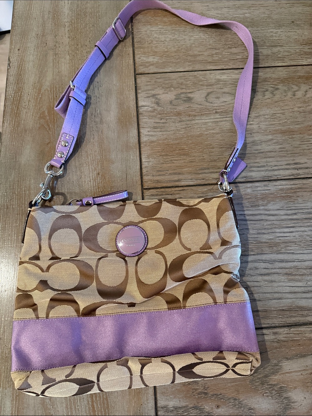 Coach Signature Canvas Crossbody with Lavender Trim and Strap